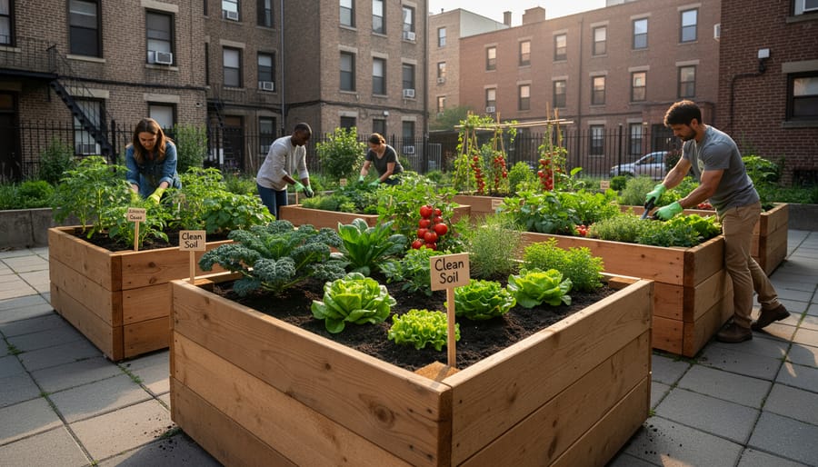 Hands adding fresh soil to wooden raised garden bed in urban setting