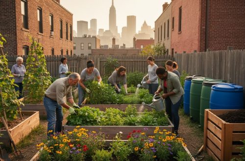 Diverse neighbors gardening together in a reclaimed urban lot with raised beds, trellises, tiered planters, rain barrels, and pollinator flowers, with brick buildings and a soft city skyline in the background under warm evening light.