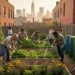 Diverse neighbors gardening together in a reclaimed urban lot with raised beds, trellises, tiered planters, rain barrels, and pollinator flowers, with brick buildings and a soft city skyline in the background under warm evening light.