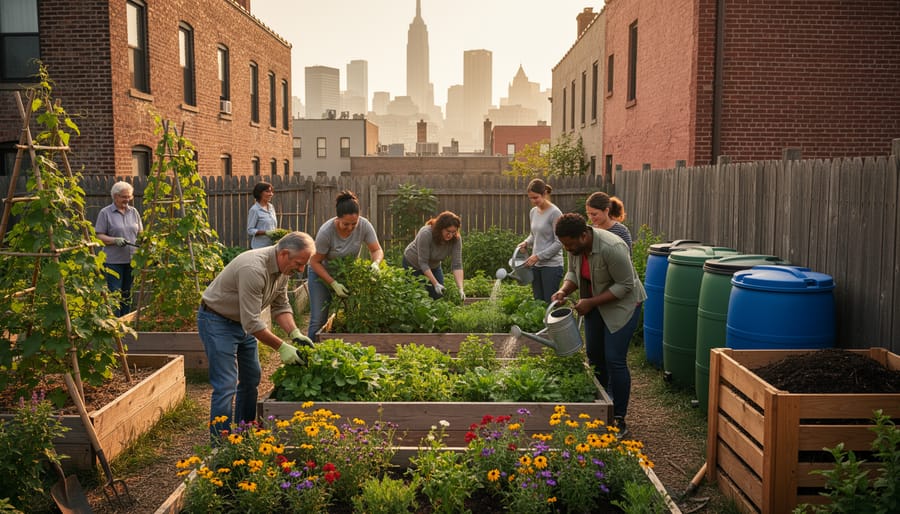 Diverse neighbors gardening together in a reclaimed urban lot with raised beds, trellises, tiered planters, rain barrels, and pollinator flowers, with brick buildings and a soft city skyline in the background under warm evening light.
