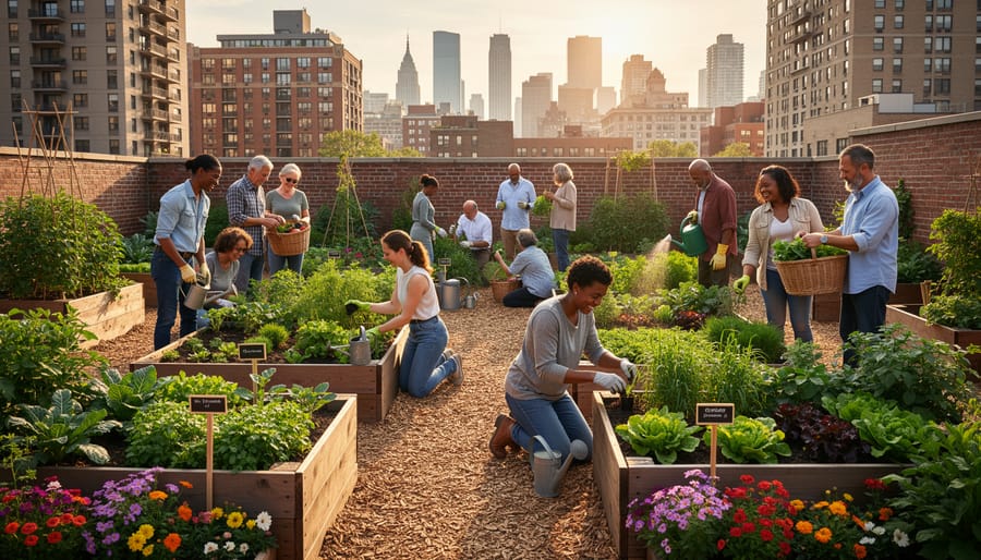 Diverse group of community members working together in urban garden with raised beds and city buildings visible in background