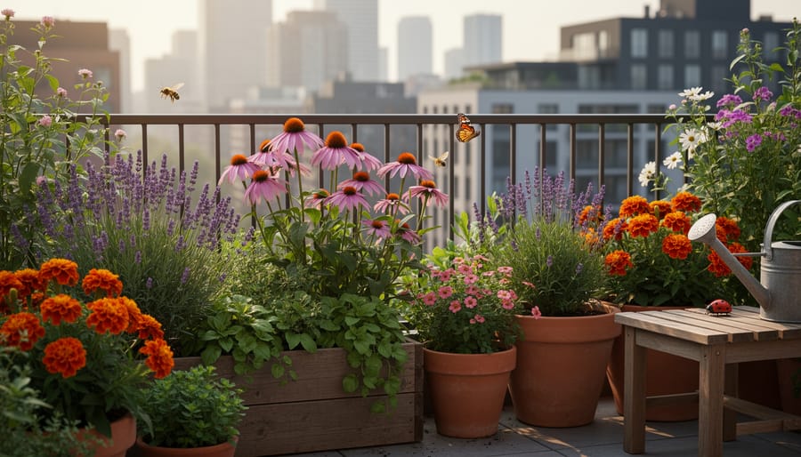 Bee and coneflower blooming in container planters on an apartment balcony in golden hour light