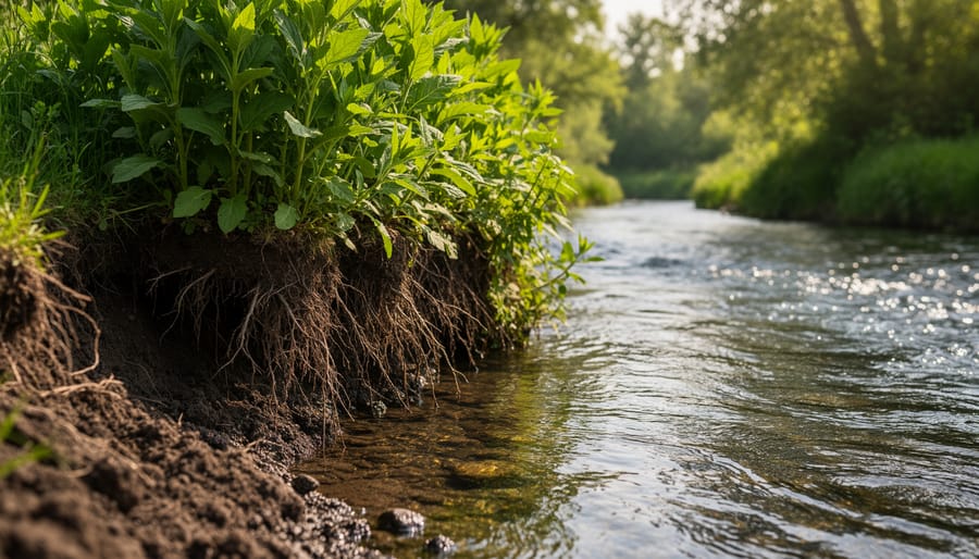 Close view of native grasses rooted along a creek bank with clear water flowing behind them.
