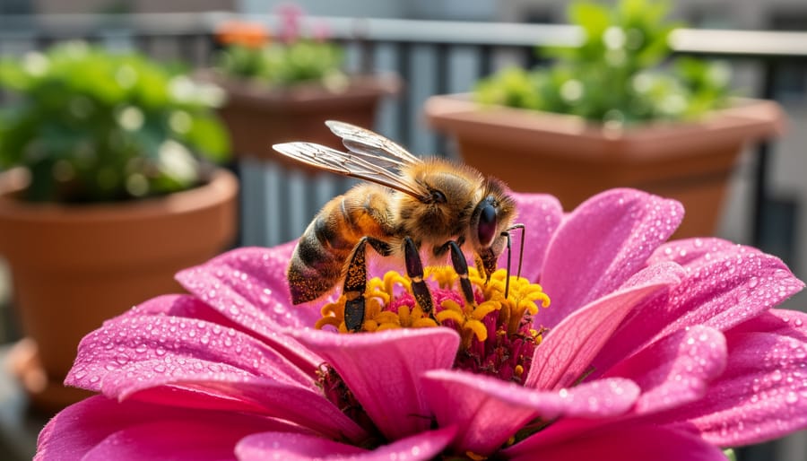 Bee feeding on a purple zinnia or wild bergamot flower in a container garden