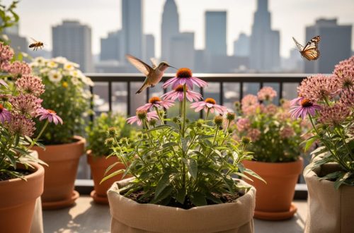 Native wildflowers growing in balcony containers attract a honeybee, a butterfly, and a hummingbird.