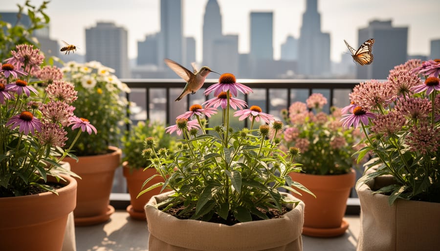 Native wildflowers growing in balcony containers attract a honeybee, a butterfly, and a hummingbird.