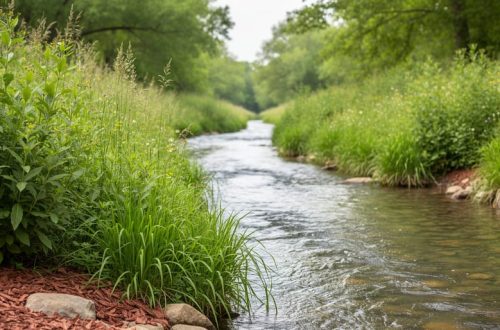 Native grasses and flowering shrubs growing along the stabilized banks of a creek with clear flowing water in the foreground.