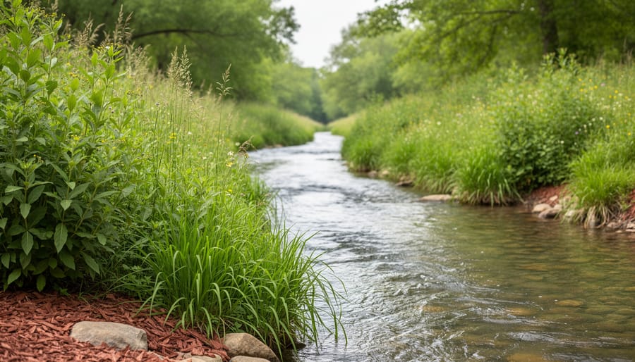Native grasses and flowering shrubs growing along the stabilized banks of a creek with clear flowing water in the foreground.