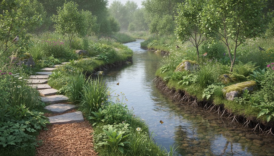 Native grasses and wildflowers growing along the edge of a creek with flowing water in the background.