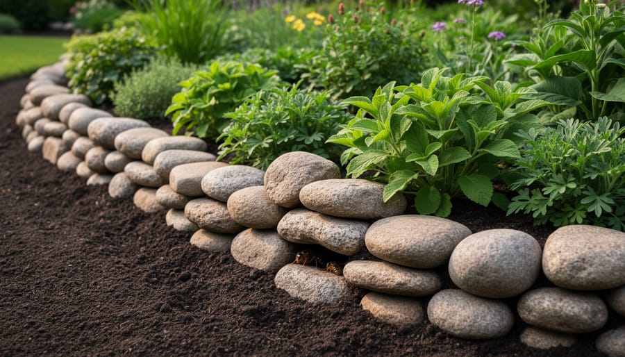 Gardener placing flat stones for a rock border around native plants