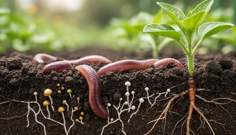 Close-up of healthy dark soil with worm casts and visible plant roots