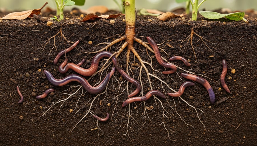 Macro close-up of dark, healthy garden soil with an earthworm and visible roots