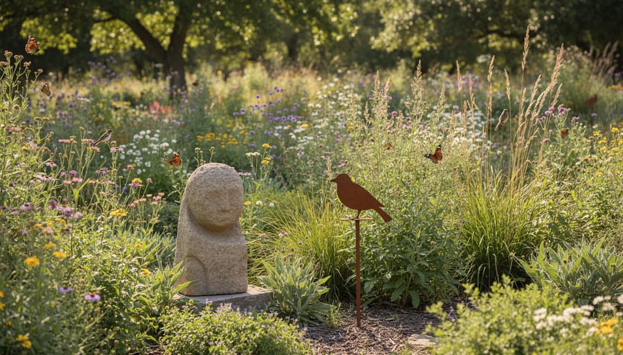 Stone and wood garden sculpture nestled among native flowers in a wildlife-friendly yard.