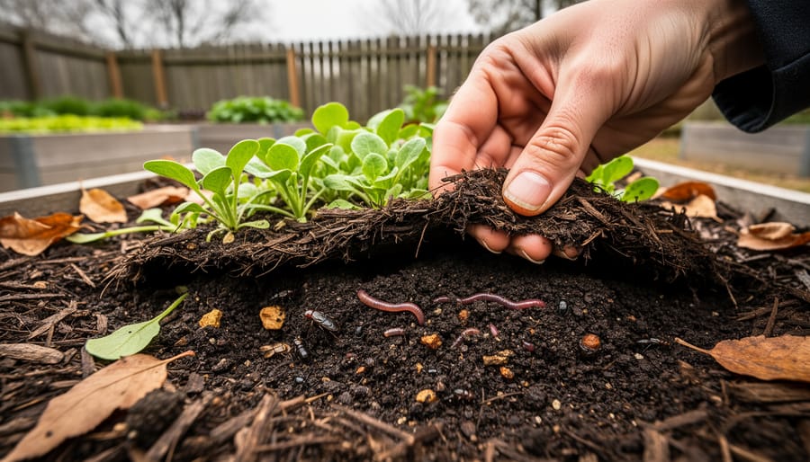 Close-up ground-level view of compost mulch covering healthy no-till garden soil with earthworms and small seedlings in a backyard bed.