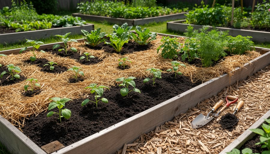 No till garden bed with seedlings emerging through leaf mulch and compost