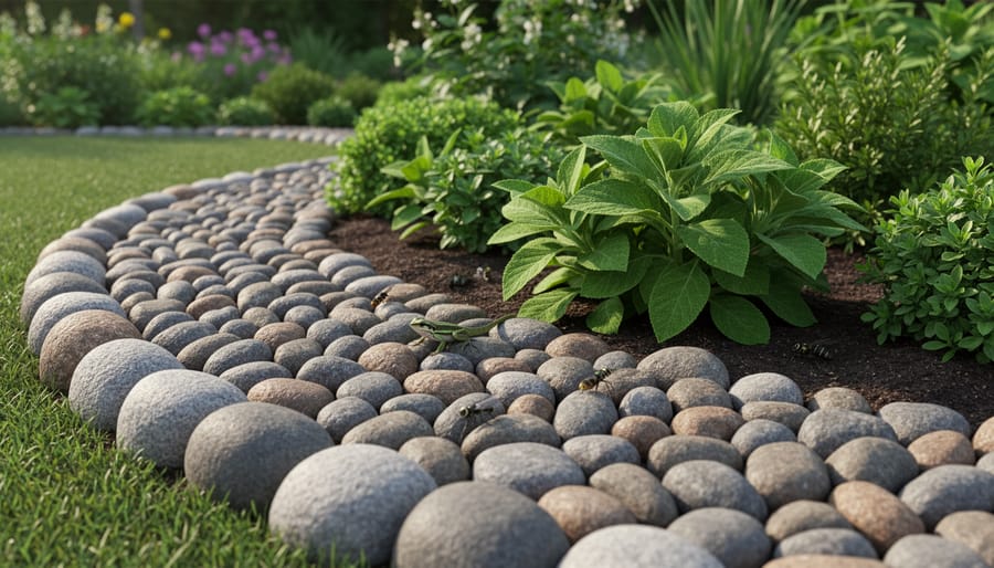 Native flowers with pea-stone mulch and a rounded river-stone border in a wildlife-friendly garden bed
