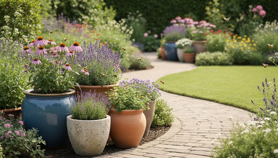 Decorative terracotta container planters filled with pollinator-friendly flowers and herbs in a garden setting.