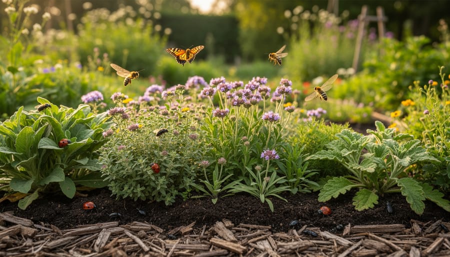 Bee near native flowering plants in a mulch-covered no till garden bed