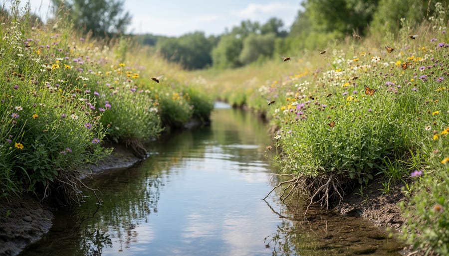 A butterfly or bee feeding on a flowering native plant beside a creek, with water softly blurred in the background.