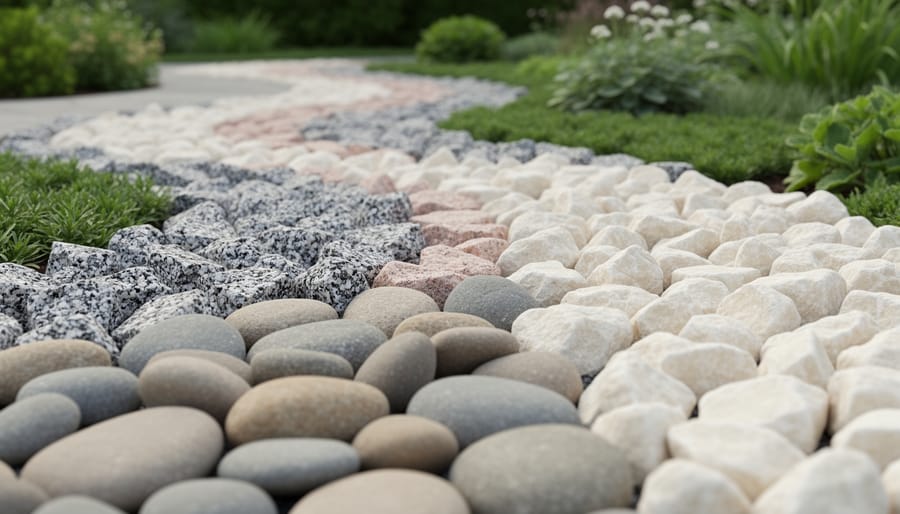 Close view of different types of garden rocks including river rocks, granite, and limestone