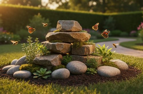 Stacked fieldstones and river rocks in a native plant rockery with a butterfly and bee near the stone crevices.