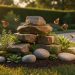 Stacked fieldstones and river rocks in a native plant rockery with a butterfly and bee near the stone crevices.