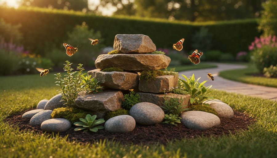 Stacked fieldstones and river rocks in a native plant rockery with a butterfly and bee near the stone crevices.