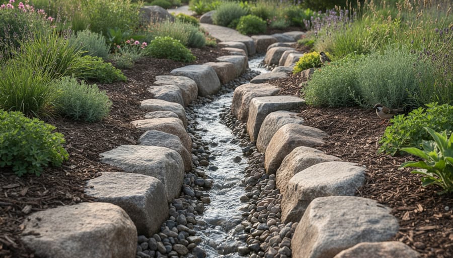 Flat stones forming a drainage edge along a garden bed with wet soil after rain