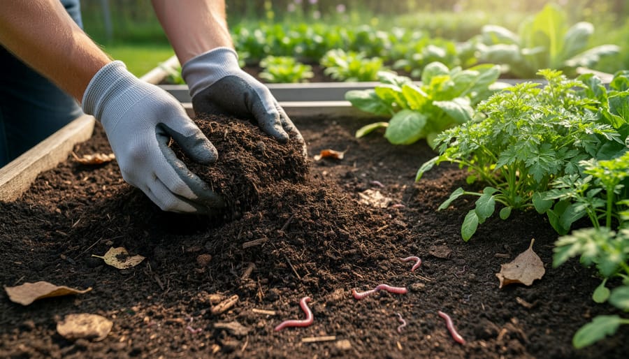 Wheelbarrow pouring finished compost onto a garden bed