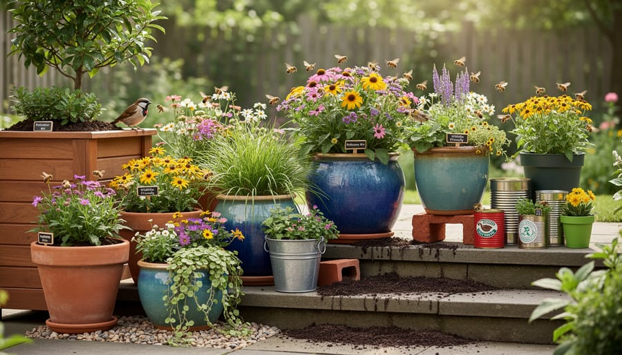 Terracotta, plastic, and wooden planter containers with blooming plants on a patio