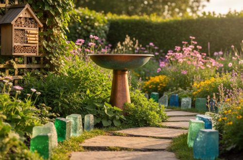 Copper bird bath and bee hotel in a lush garden with flowering plants and recycled-glass pathway markers, photographed in warm golden hour light.