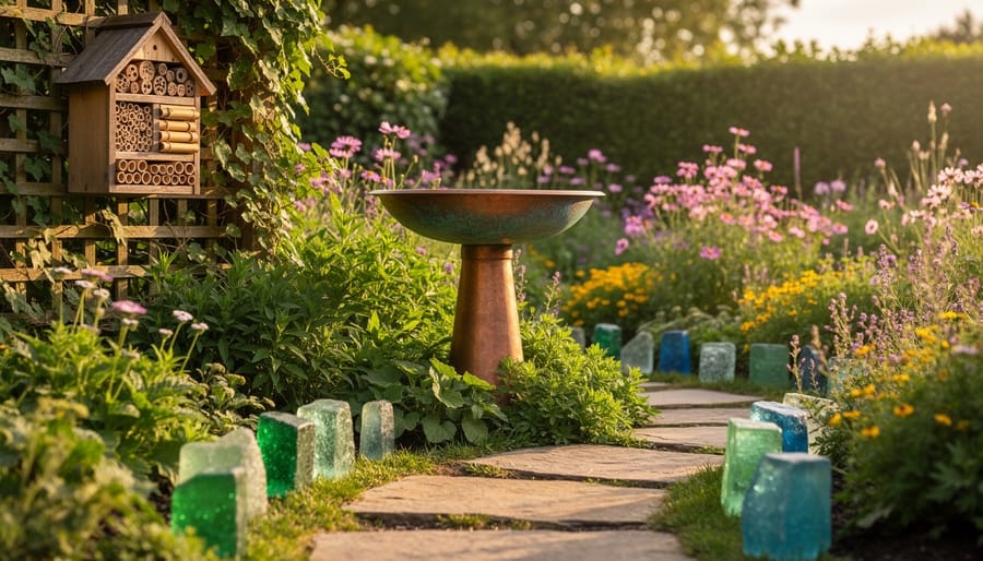 Copper bird bath and bee hotel in a lush garden with flowering plants and recycled-glass pathway markers, photographed in warm golden hour light.