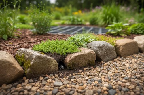 “Close-up of mixed stones with irregular gaps and low thyme or sedum growing between them in a wildlife-friendly garden bed”