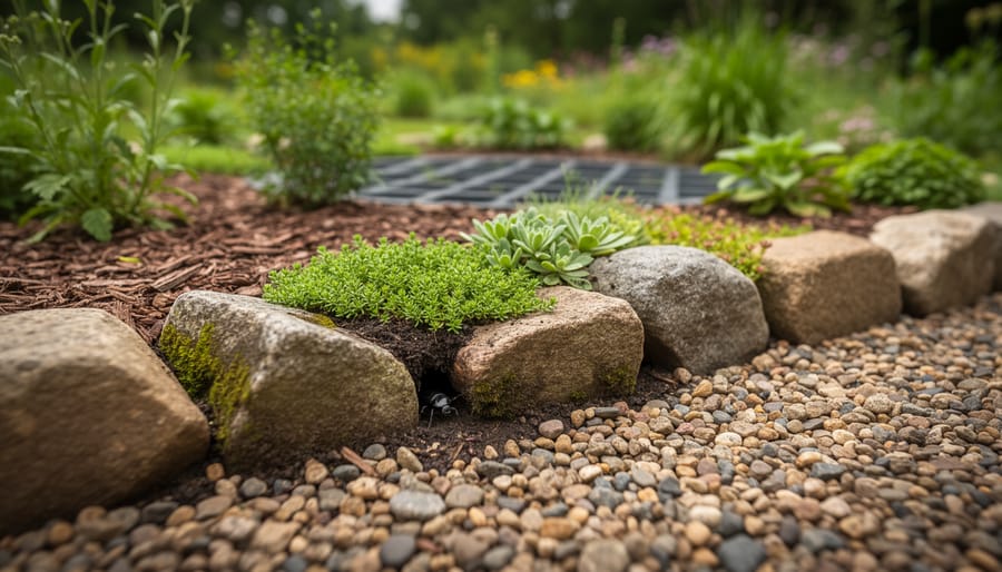 “Close-up of mixed stones with irregular gaps and low thyme or sedum growing between them in a wildlife-friendly garden bed”