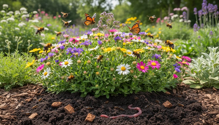 Ground-level view of native flowers with a pollinator in a mulched garden bed
