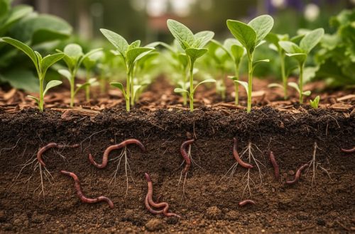 “Close-up of rich loamy garden soil with earthworms and fine fungal threads near healthy seedling roots in a wildlife-friendly garden bed.”