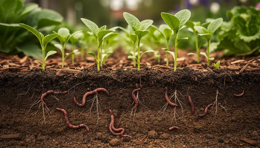 “Close-up of rich loamy garden soil with earthworms and fine fungal threads near healthy seedling roots in a wildlife-friendly garden bed.”