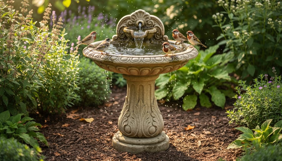 Birds perched near a decorative bird bath in a wildlife-friendly garden with surrounding greenery and flowering plants.