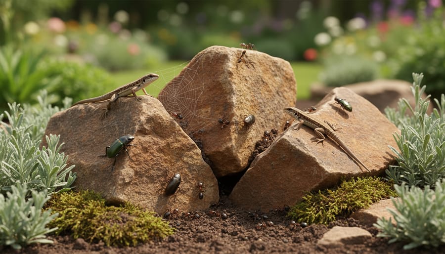 Lizard and insects near rocks in a wildlife-friendly garden with native plants in the background