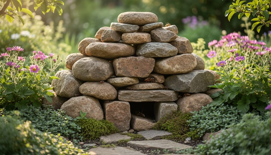 Close-up of a wildlife rock pile with stones creating small gaps and dark moist soil underneath