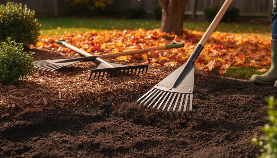 Garden rake spreading leaves and leveling soil in a wildlife-friendly garden bed