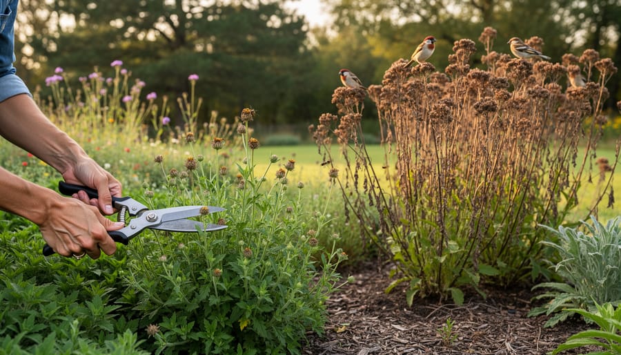 Garden shears trimming perennial plants with seed heads left on native stems