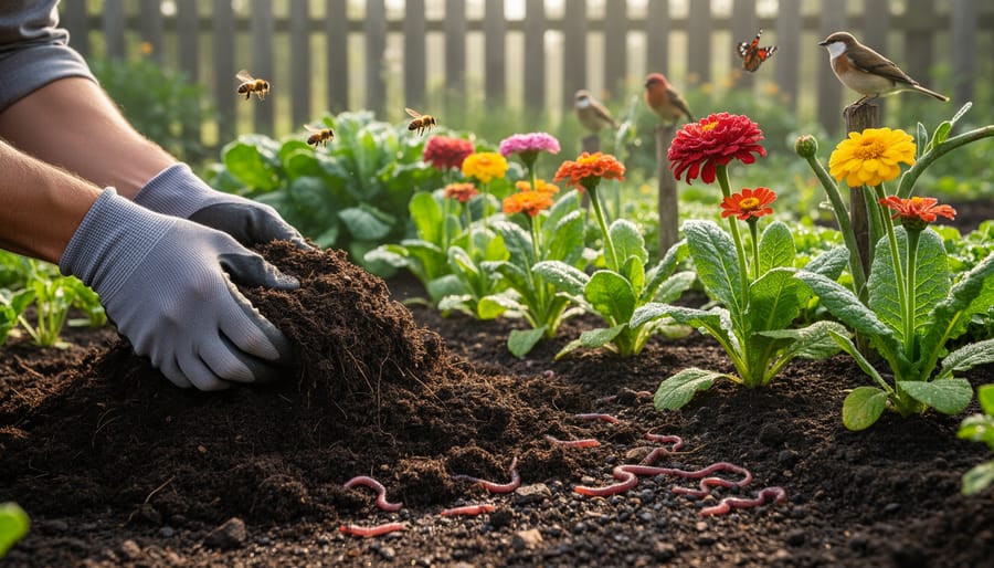 Gardener sprinkling dark compost onto seedlings in a garden bed