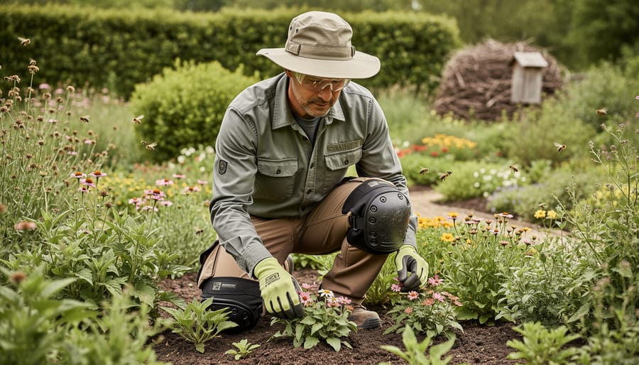 Gardener wearing gloves, knee pads, and sun hat kneeling in a wildlife-friendly garden