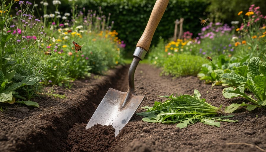 Hand hoe near weeds in a mulched garden bed ready for non-chemical weed control