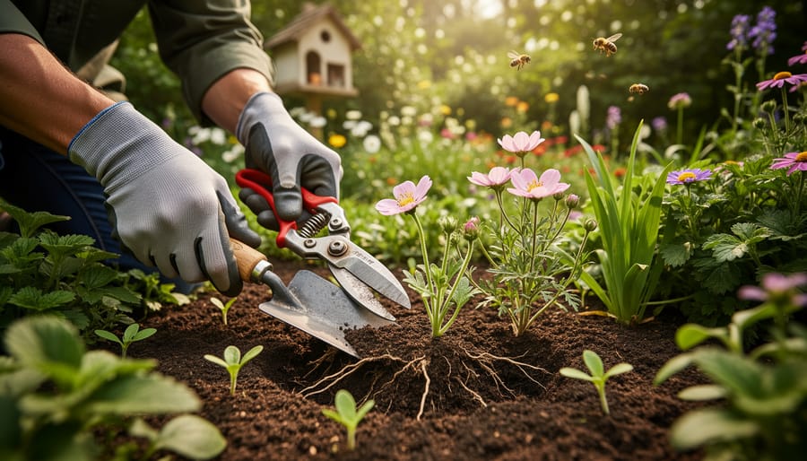 Hand trowel and pruners beside native seedlings in a gardener’s workspace