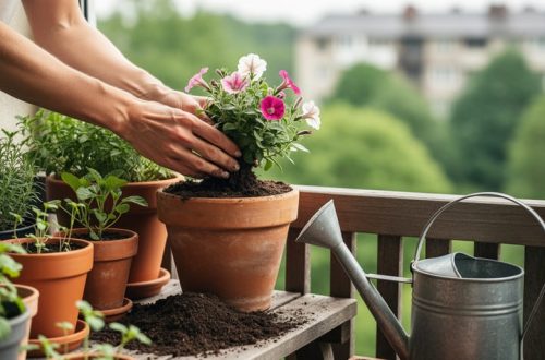 Hands potting a small flowering plant in a terracotta container on a balcony garden with a watering can and other greenery nearby.
