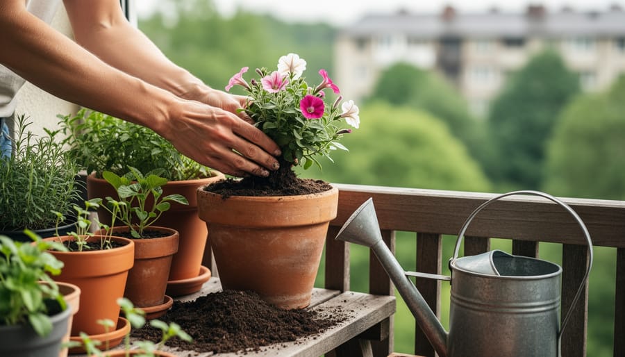 Hands potting a small flowering plant in a terracotta container on a balcony garden with a watering can and other greenery nearby.