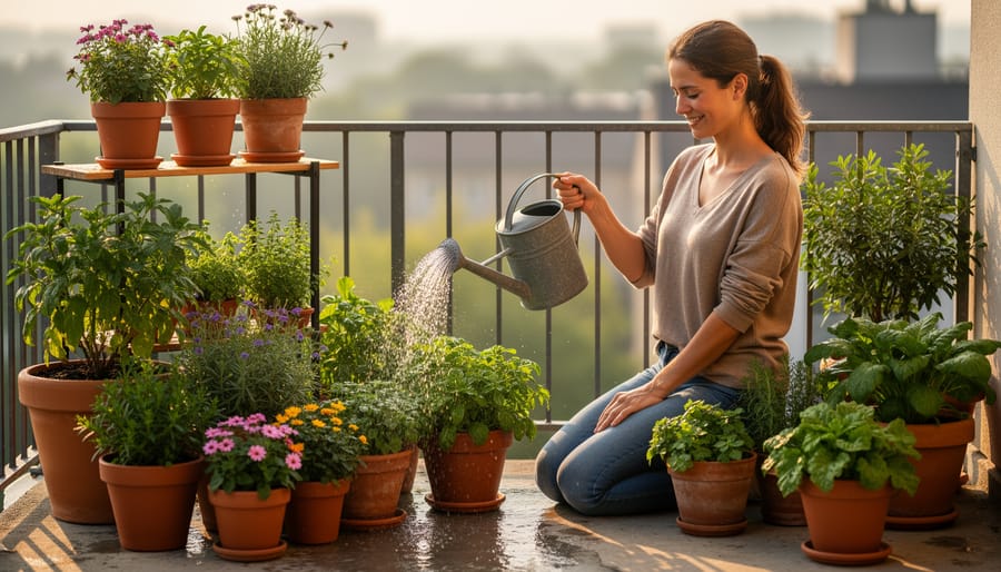 Person watering potted plants on a patio in a relaxed leisure-gardening moment