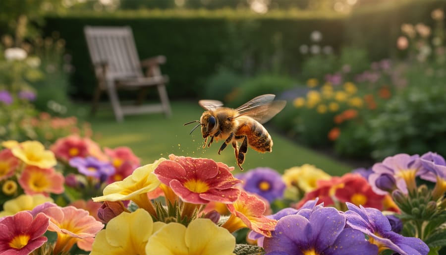 Pollinator resting on a flowering plant near a small bird-friendly water dish